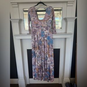 Free People Scoop-Back Floral Maxi Dress in Lavender, Blue, and Tan